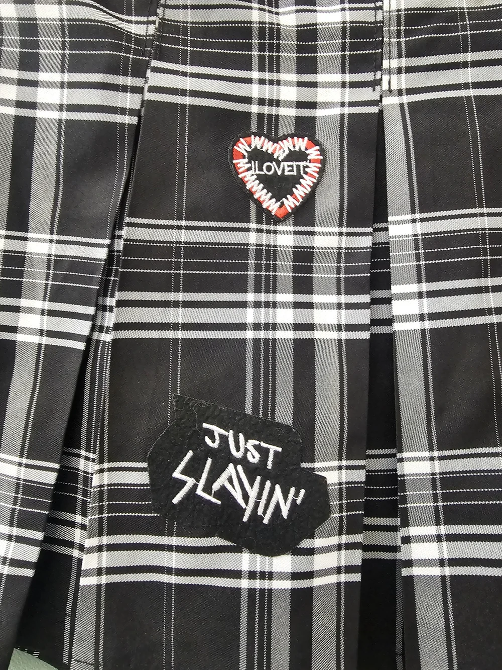 Love Black & White Plaid Pleated Skirt with Red Heart/Patches